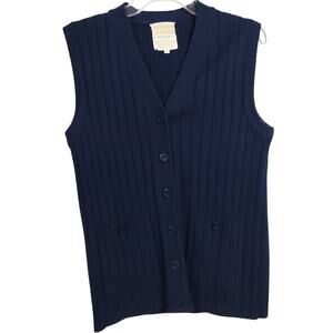 M974)Vtg 80s Center Stage Navy Button Up Grandpacore Knitted Cardigan Vest L